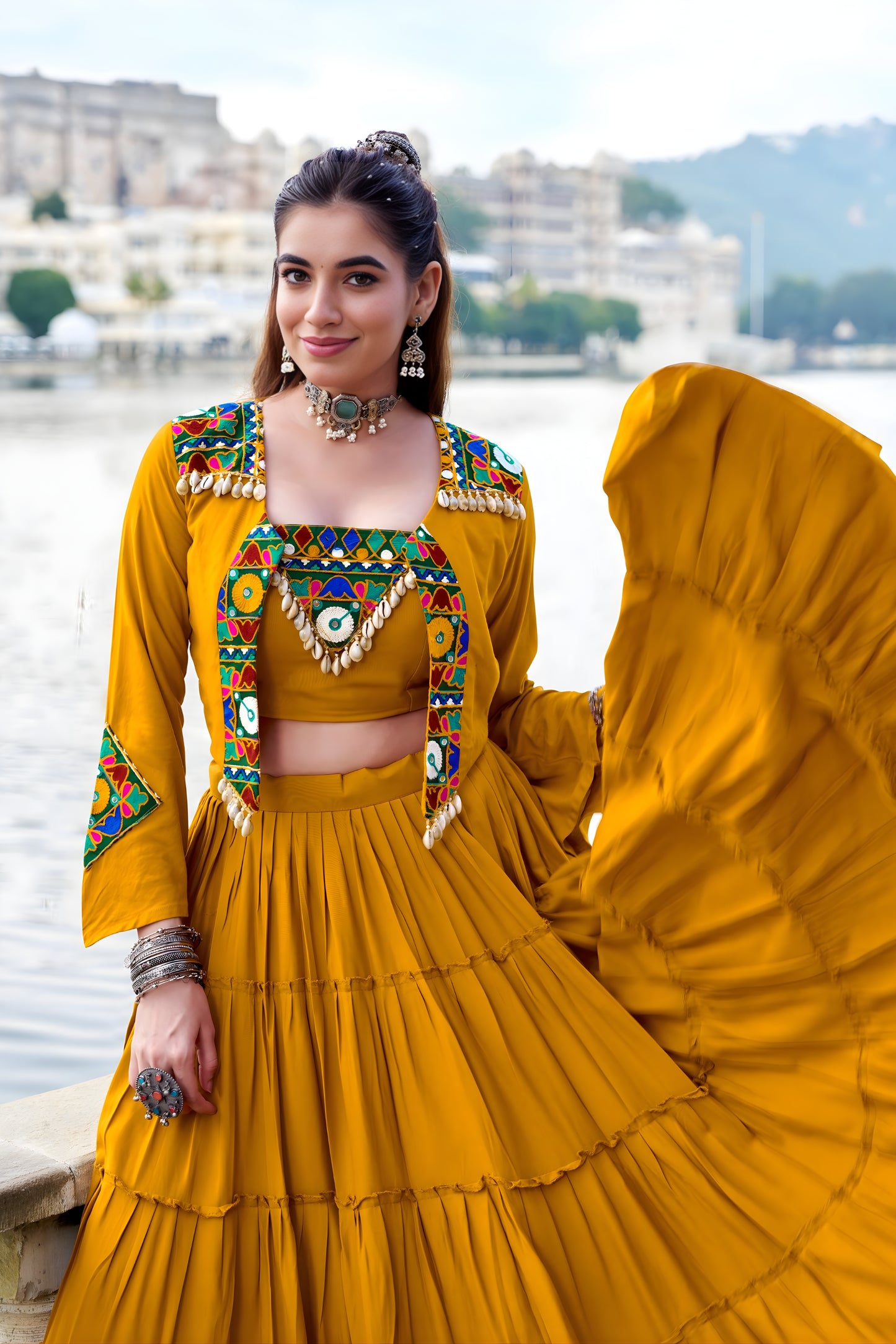 Stunning Mustard Yellow Rayon Lehenga Choli with Mirror Work Jacket for Navratri