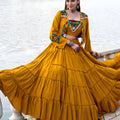 Stunning Mustard Yellow Rayon Lehenga Choli with Mirror Work Jacket for Navratri