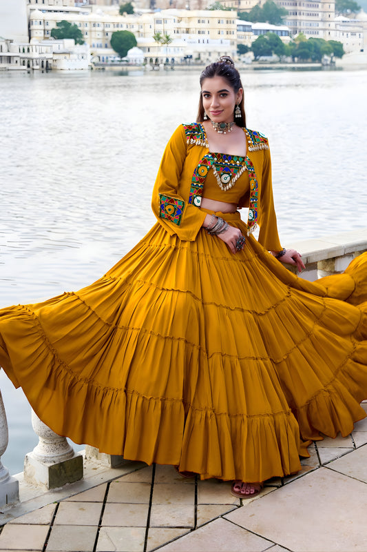 Stunning Mustard Yellow Rayon Lehenga Choli with Mirror Work Jacket for Navratri