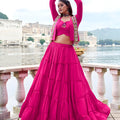 Stylish Rani Pink Rayon Lehenga Choli with Mirror Work Jacket for Navratri