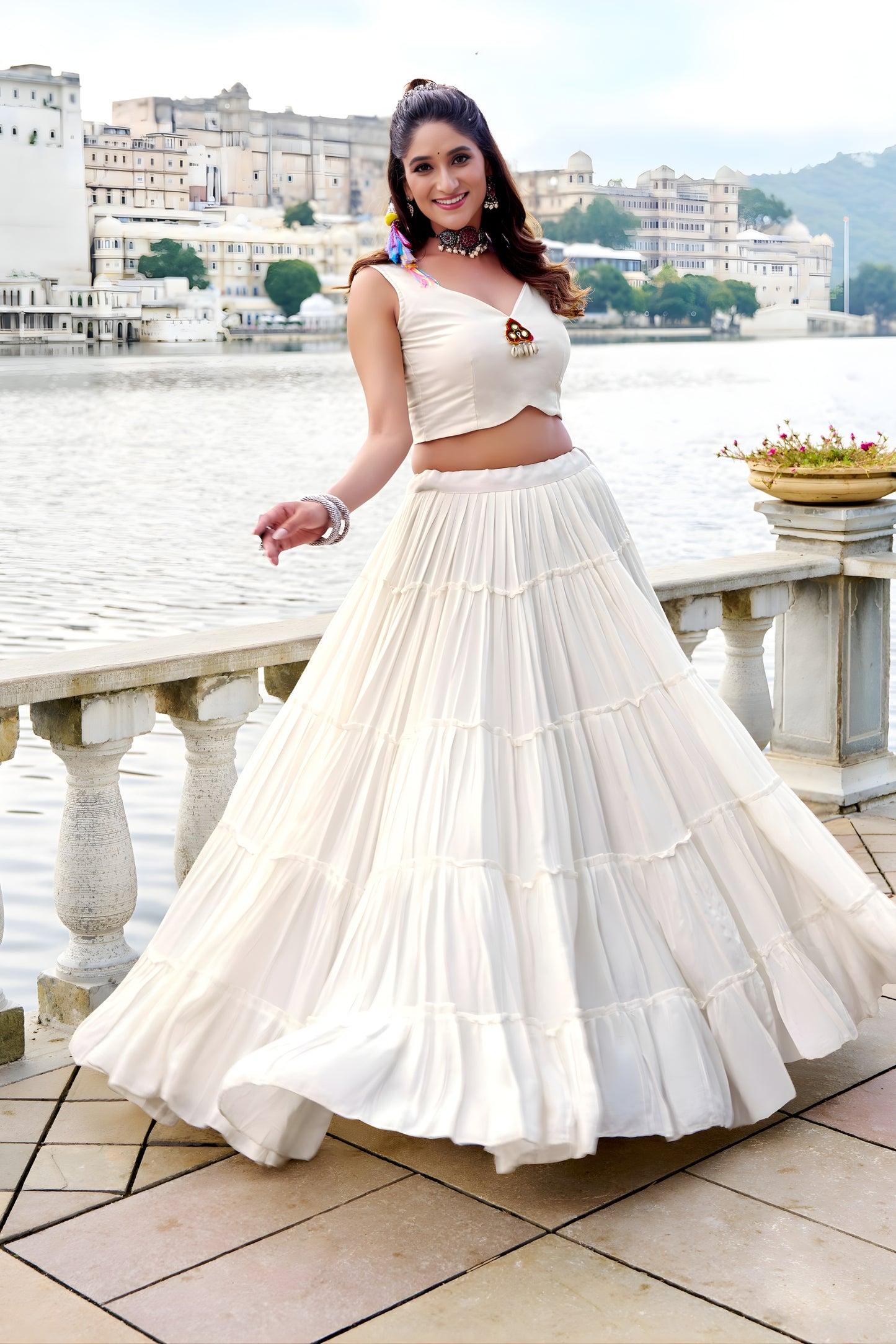 Traditional White Rayon Lehenga Choli with Mirror Work Jacket for Navratri