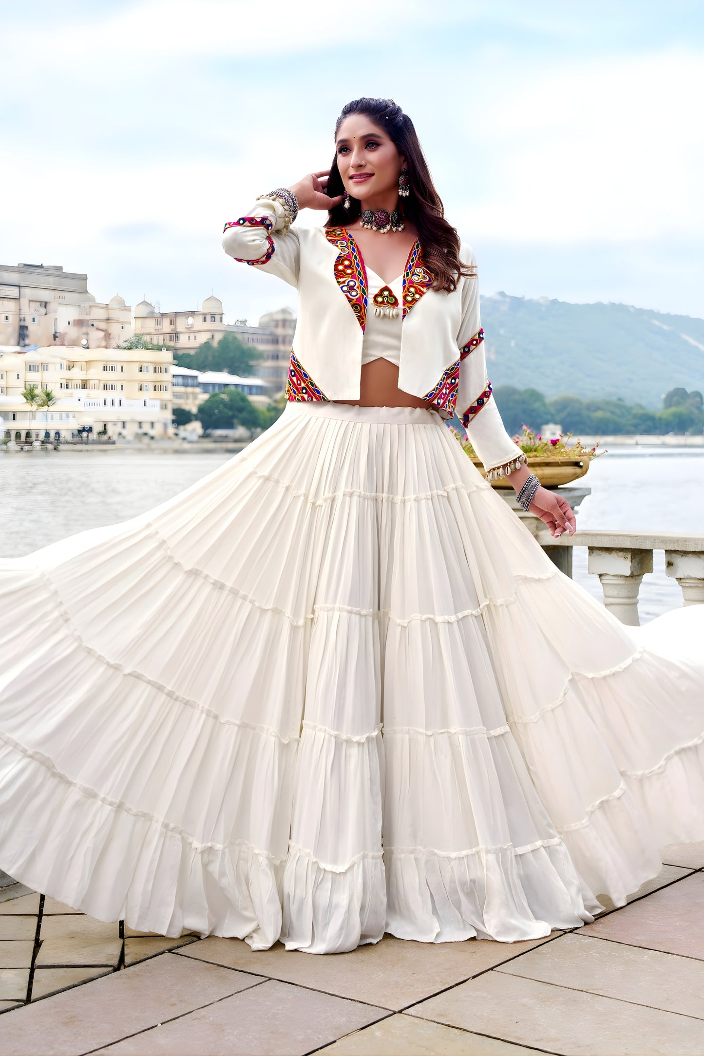 Traditional White Rayon Lehenga Choli with Mirror Work Jacket for Navratri