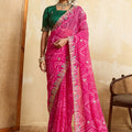 Royal Rani Pink Bandhani Georgette Saree Heavy Embroidered Border Designer Blouse