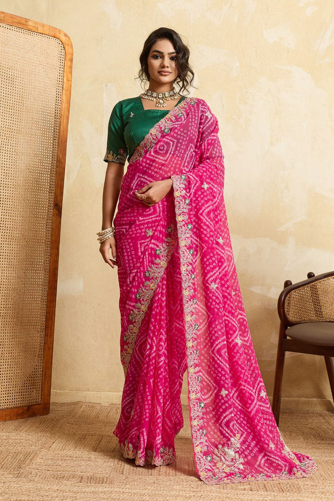 Royal Rani Pink Bandhani Georgette Saree Heavy Embroidered Border Designer Blouse