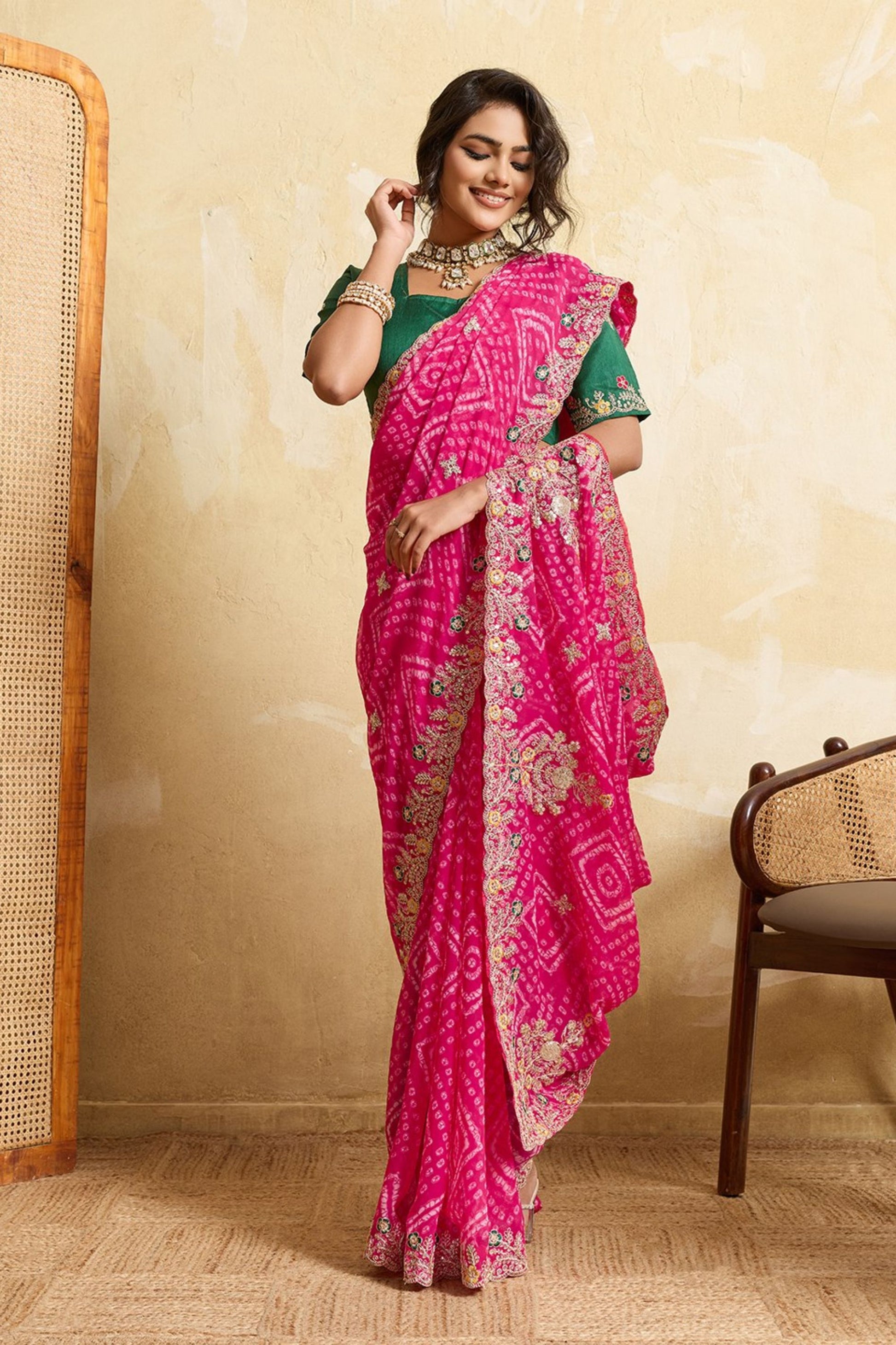 Royal Rani Pink Bandhani Georgette Saree Heavy Embroidered Border Designer Blouse