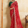 Royal Red Bandhani Georgette Saree Heavy Border Designer Green Blouse