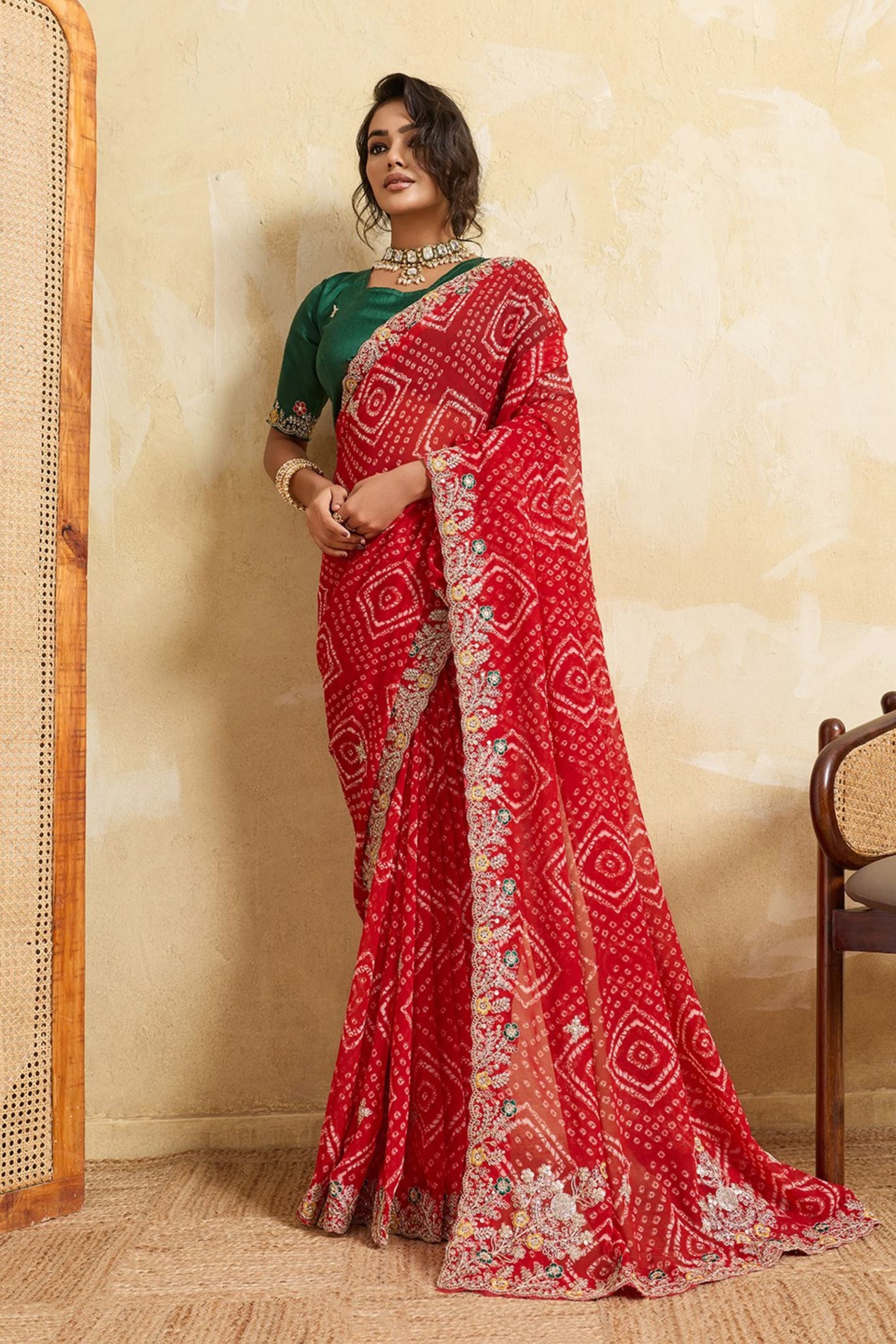 Royal Red Bandhani Georgette Saree Heavy Border Designer Green Blouse