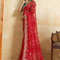 Royal Red Bandhani Georgette Saree Heavy Border Designer Green Blouse