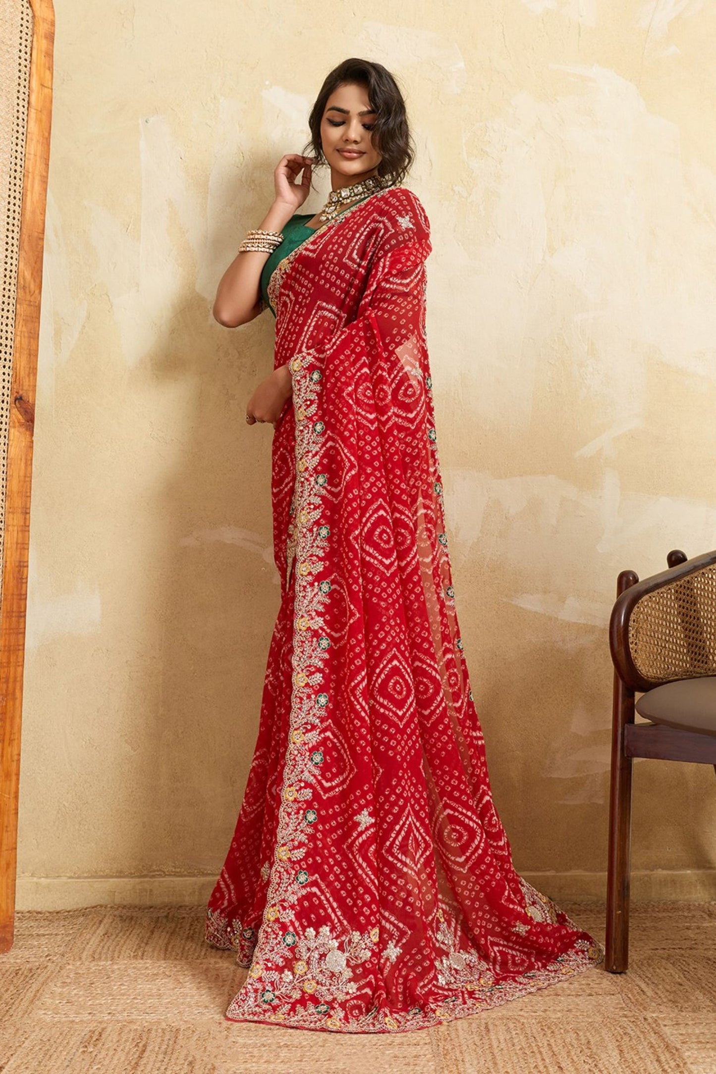 Royal Red Bandhani Georgette Saree Heavy Border Designer Green Blouse