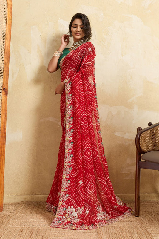 Royal Red Bandhani Georgette Saree Heavy Border Designer Green Blouse