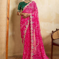  Pink Linen Silk Saree Floral Digital Print & Designer Tassel Pallu