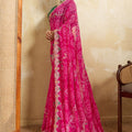 Rani Pink Bandhani Georgette Saree Heavy Border Designer Green Blouse
