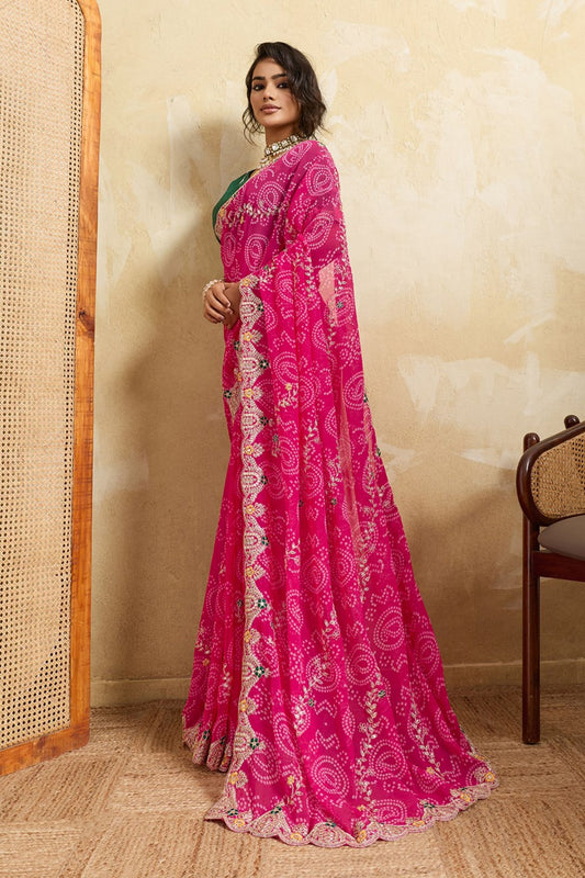 Rani Pink Bandhani Georgette Saree Heavy Border Designer Green Blouse