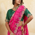 Rani Pink Bandhani Georgette Saree Heavy Border Designer Green Blouse