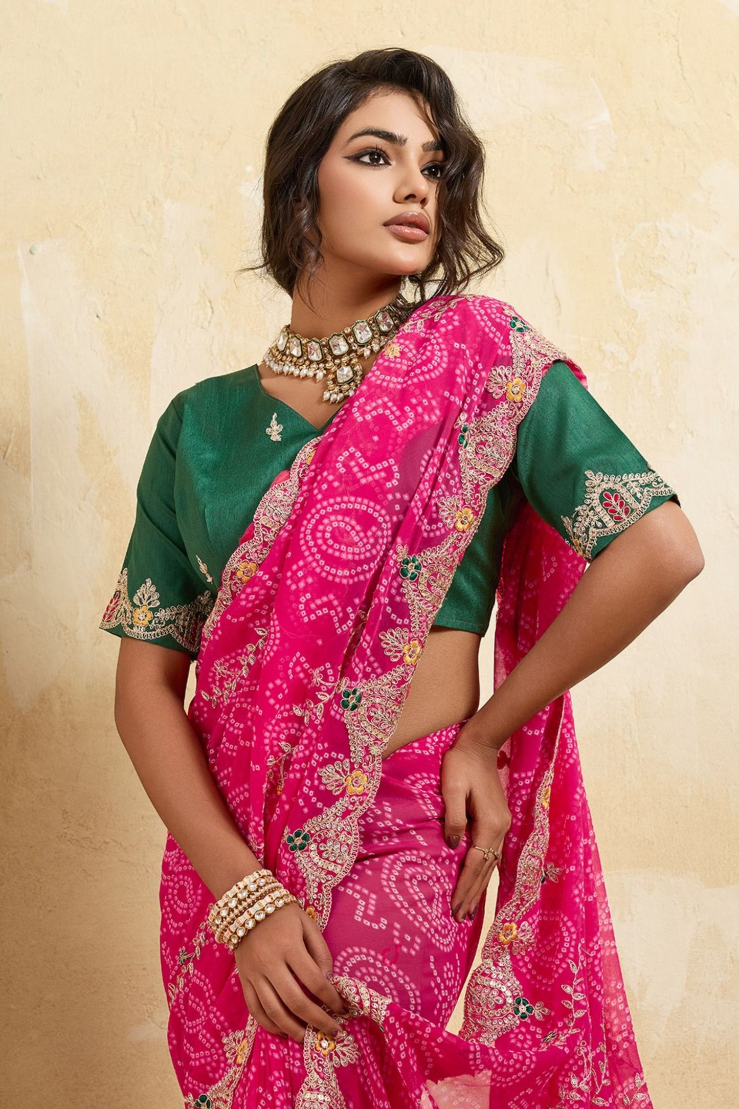 Rani Pink Bandhani Georgette Saree Heavy Border Designer Green Blouse