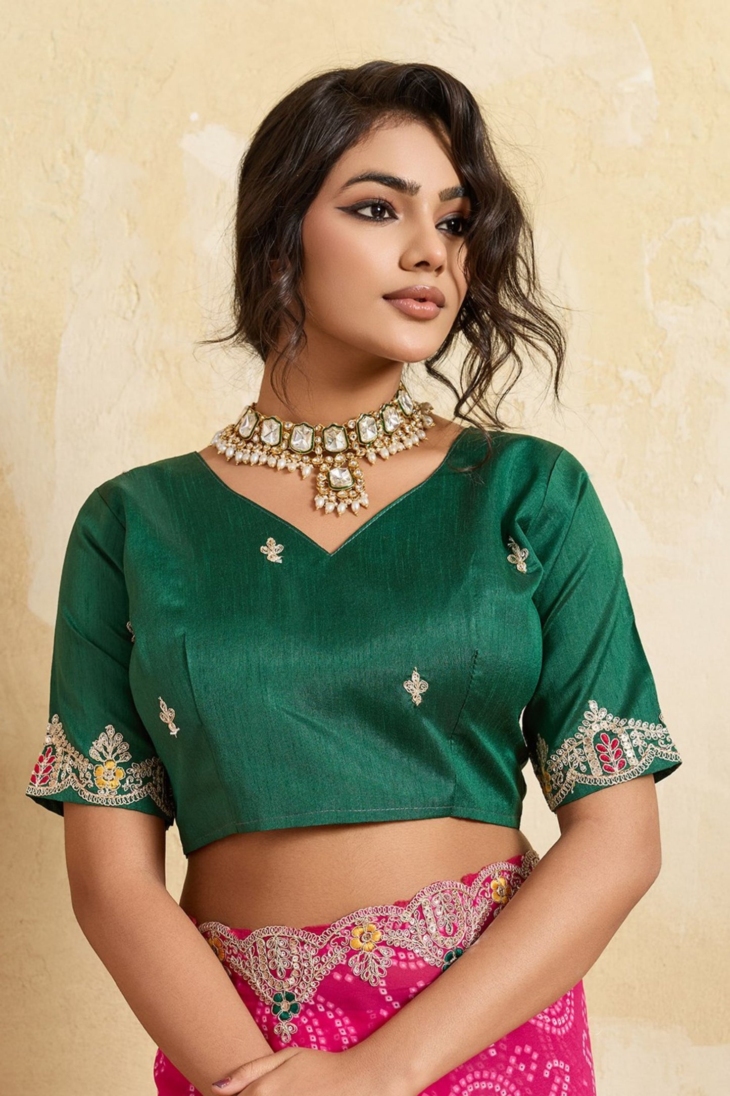 Rani Pink Bandhani Georgette Saree Heavy Border Designer Green Blouse
