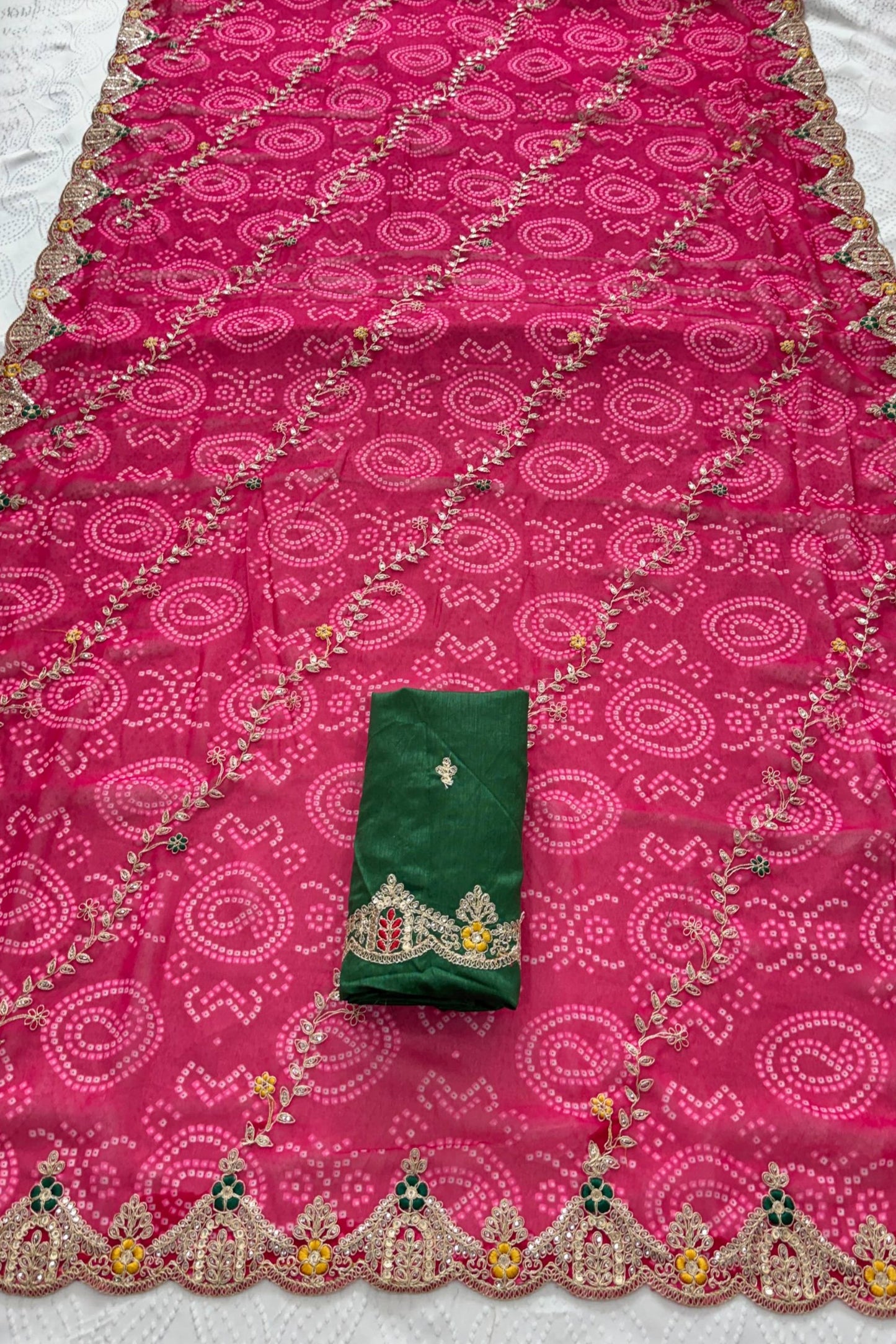 Rani Pink Bandhani Georgette Saree Heavy Border Designer Green Blouse