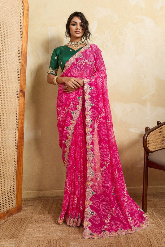  Pink Linen Silk Saree Floral Digital Print & Designer Tassel Pallu