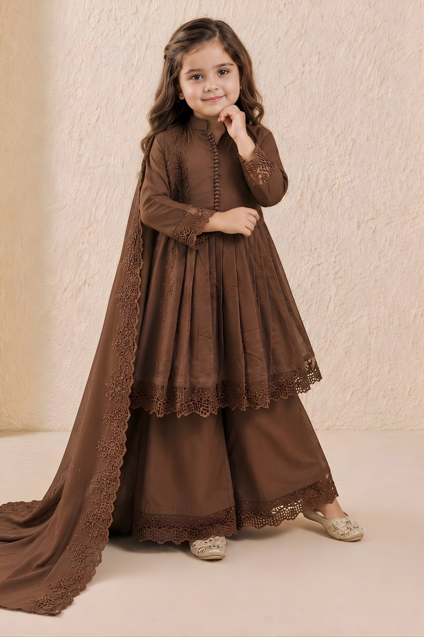 Elegant Brown Roman Silk Embroidered Girls Palazzo Suit with Designer Dupatta