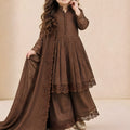 Elegant Brown Roman Silk Embroidered Girls Palazzo Suit with Designer Dupatta
