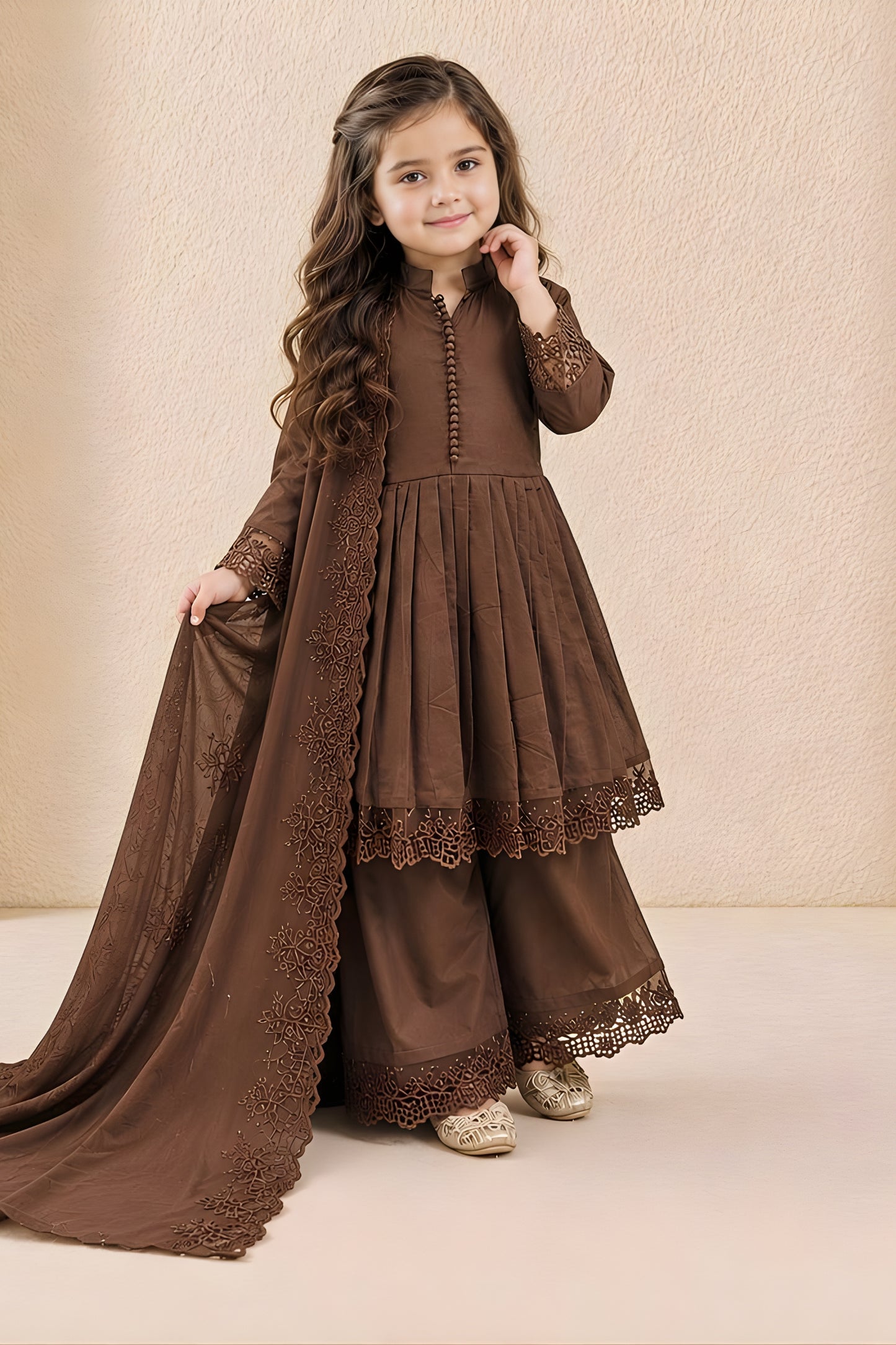 Elegant Brown Roman Silk Embroidered Girls Palazzo Suit with Designer Dupatta
