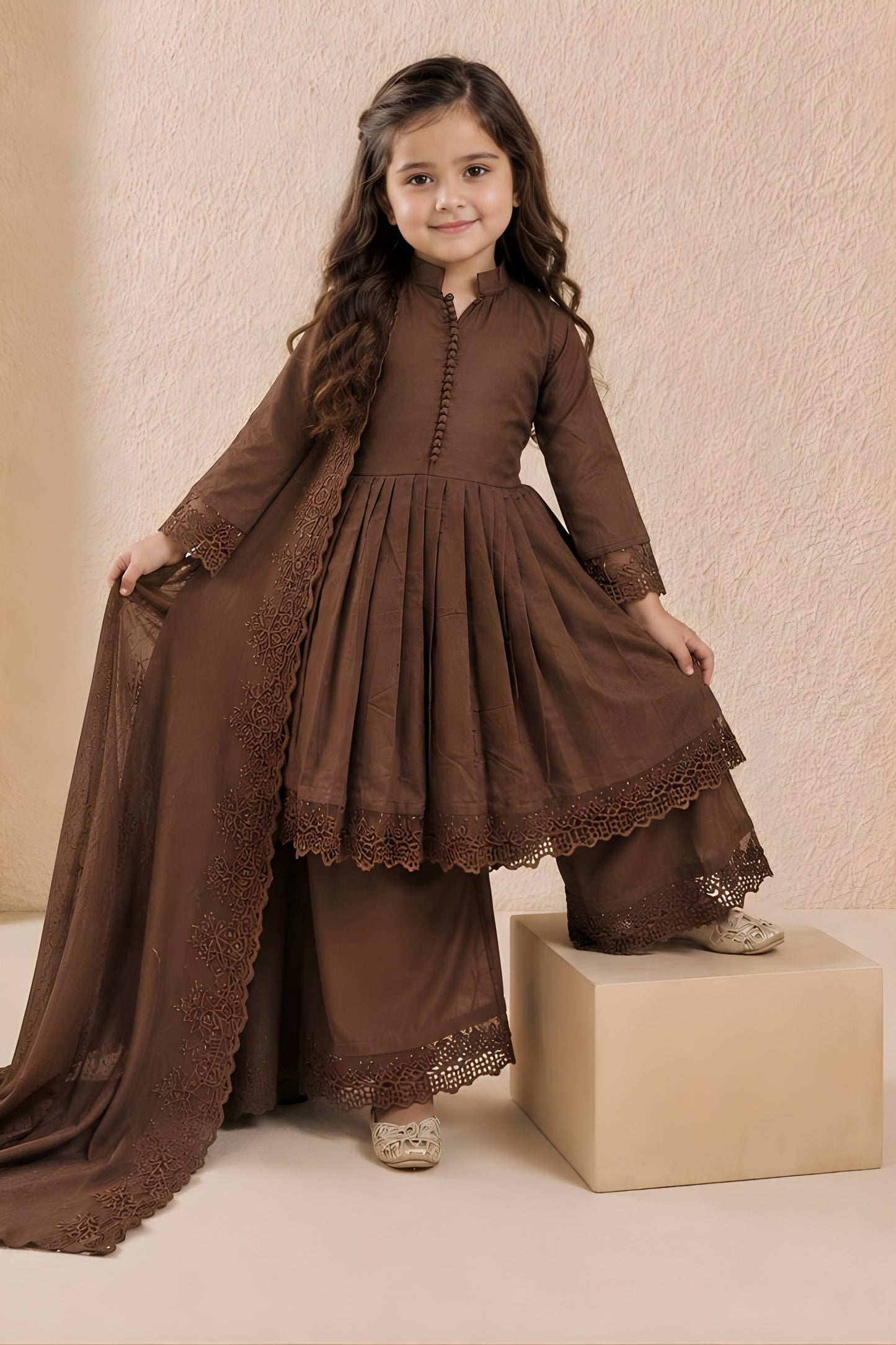 Elegant Brown Roman Silk Embroidered Girls Palazzo Suit with Designer Dupatta