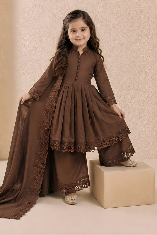 Elegant Brown Roman Silk Embroidered Girls Palazzo Suit with Designer Dupatta