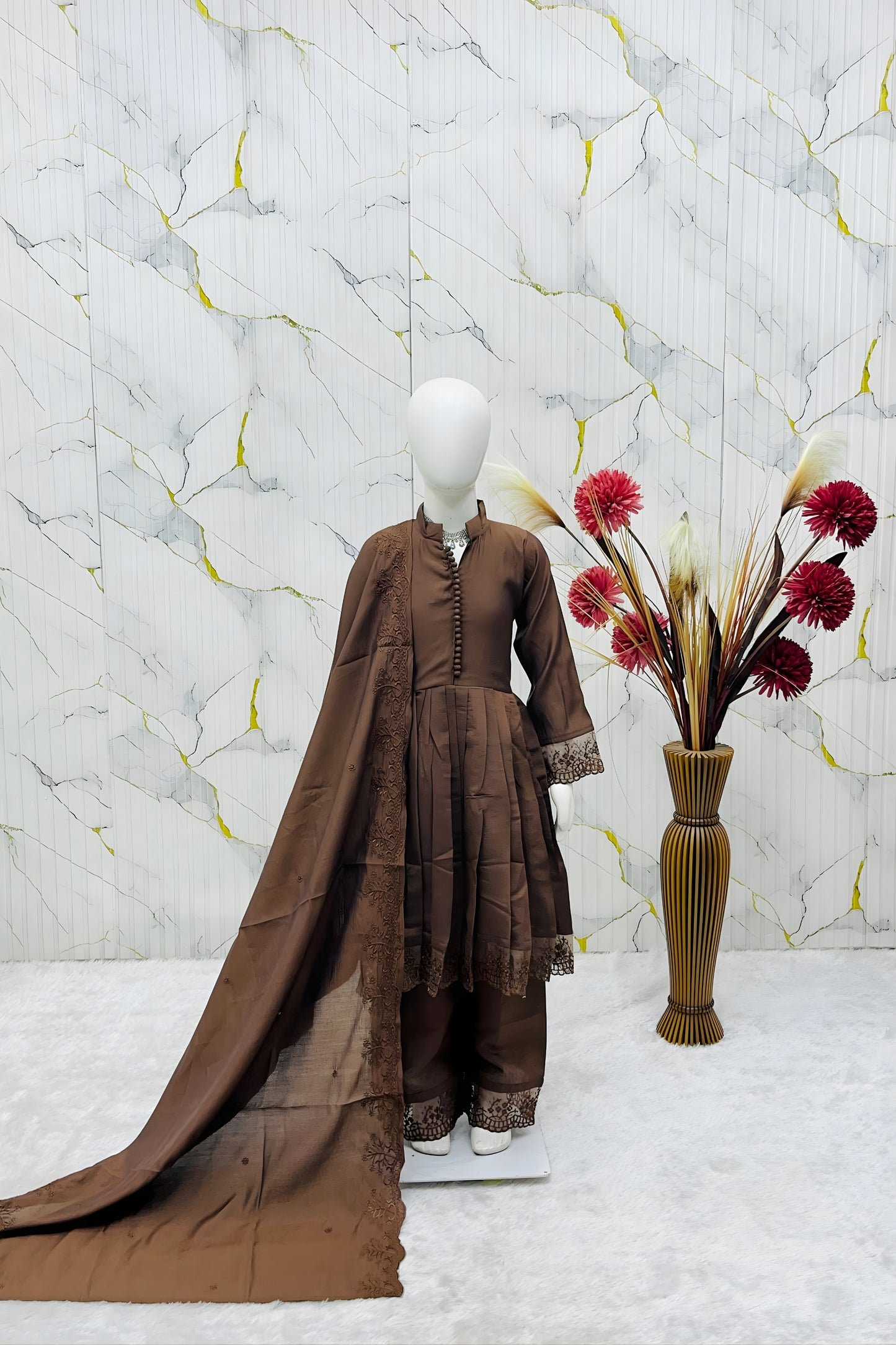 Elegant Brown Roman Silk Embroidered Girls Palazzo Suit with Designer Dupatta
