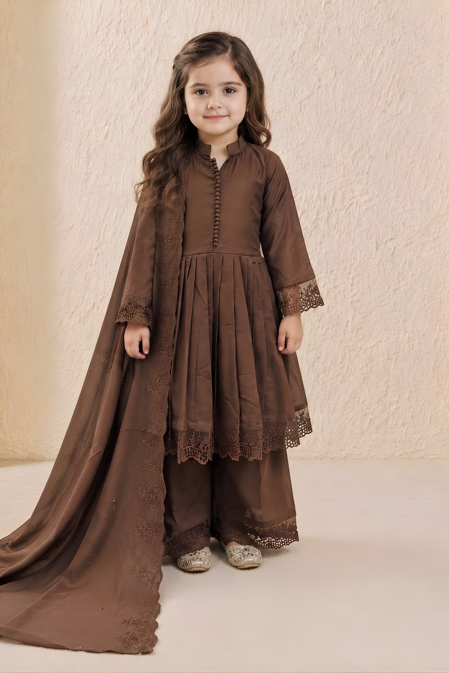 Elegant Brown Roman Silk Embroidered Girls Palazzo Suit with Designer Dupatta