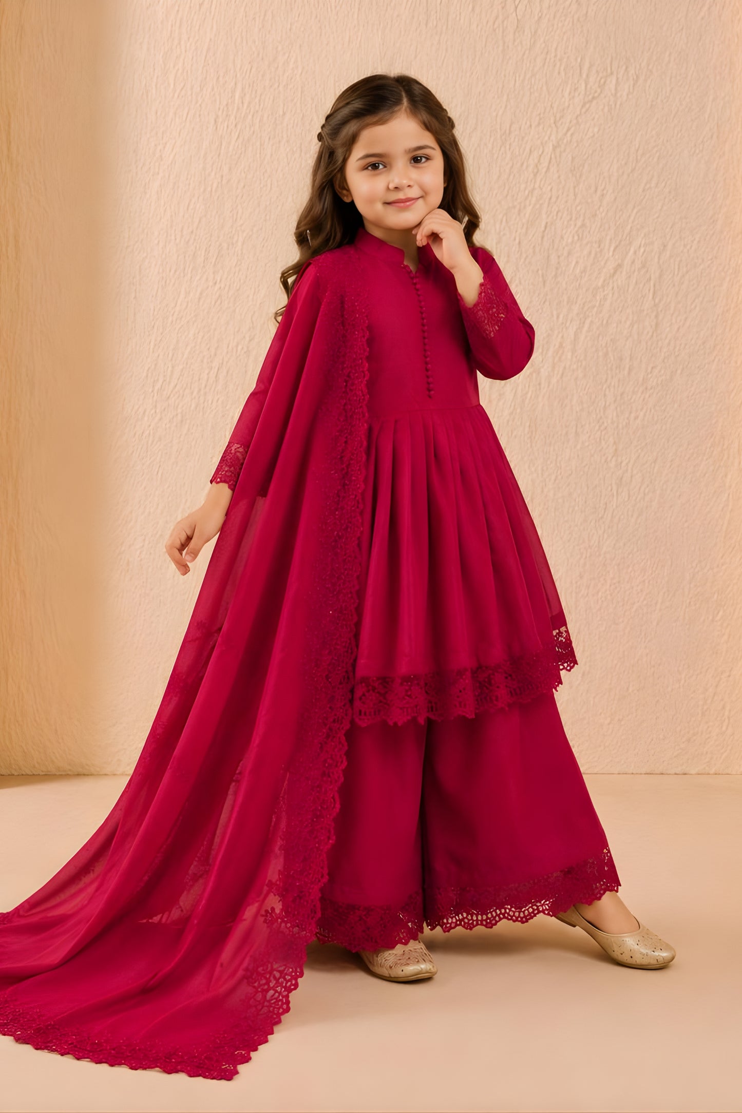 Cute Rani Pink Roman Silk Embroidered Girls Palazzo Suit with Designer Dupatta