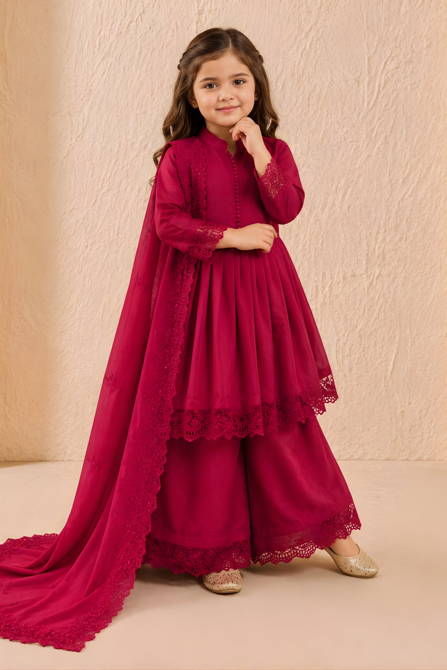 Cute Rani Pink Roman Silk Embroidered Girls Palazzo Suit with Designer Dupatta