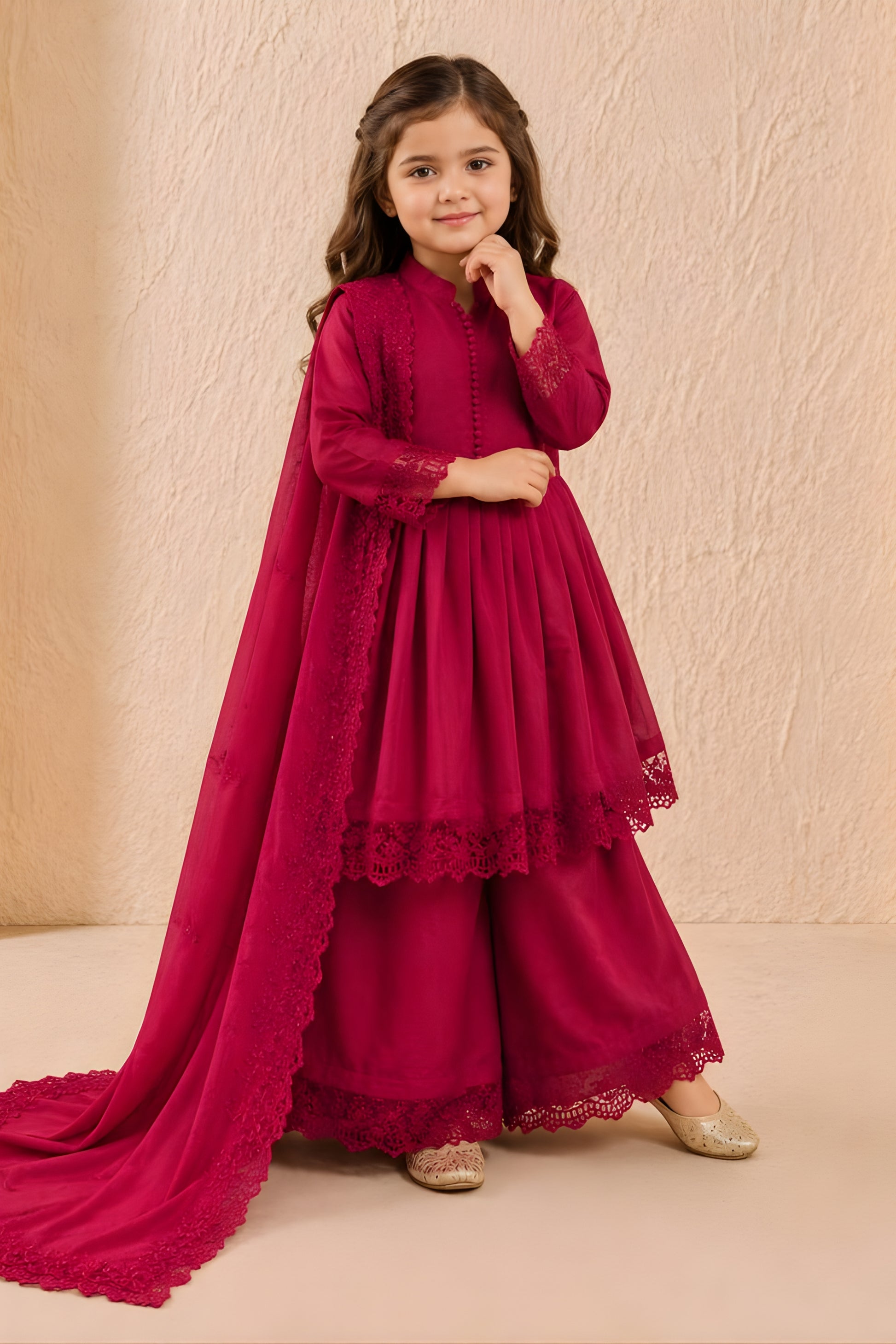Cute Rani Pink Roman Silk Embroidered Girls Palazzo Suit with Designer Dupatta