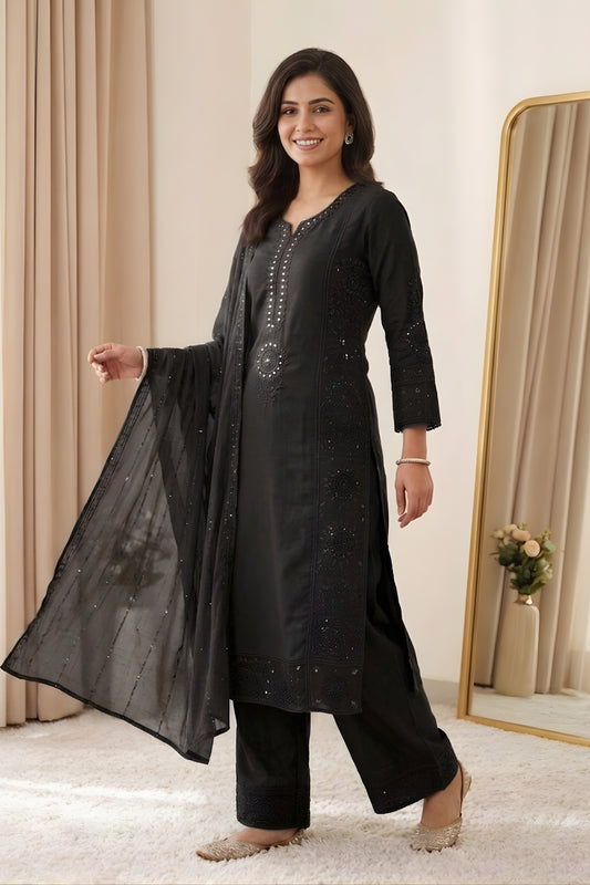 Elegant Black Chanderi Embroidered Straight Palazzo Suit with Designer Dupatta for Women