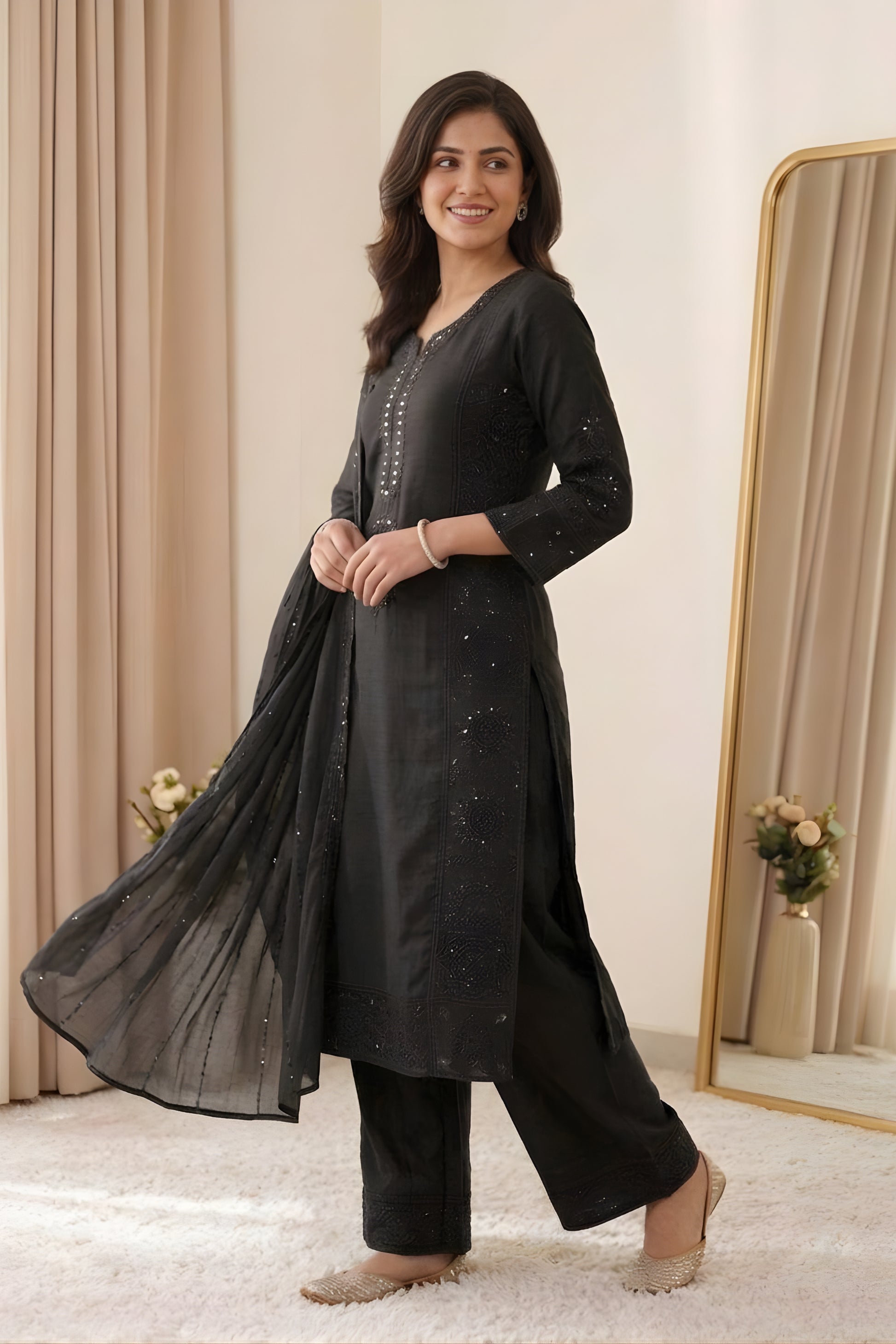 Elegant Black Chanderi Embroidered Straight Palazzo Suit with Designer Dupatta for Women