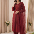 Stylish Wine Chanderi Embroidered Straight Palazzo Suit with Designer Dupatta for Women