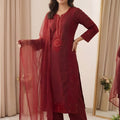 Stylish Wine Chanderi Embroidered Straight Palazzo Suit with Designer Dupatta for Women