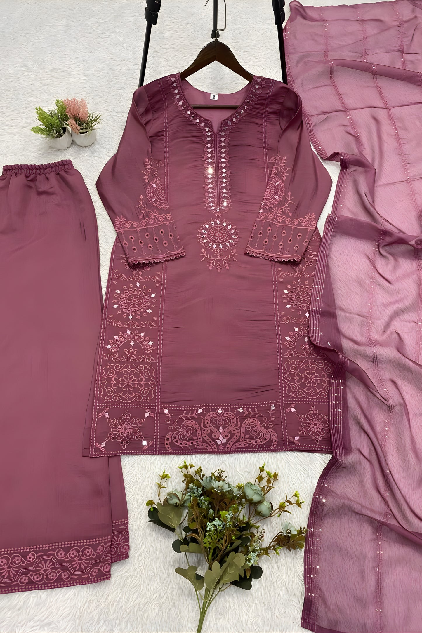 Trendy Mauve Chanderi Embroidered Straight Palazzo Suit with Designer Dupatta for Women
