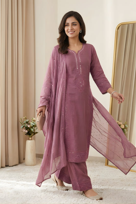 Trendy Mauve Chanderi Embroidered Straight Palazzo Suit with Designer Dupatta for Women