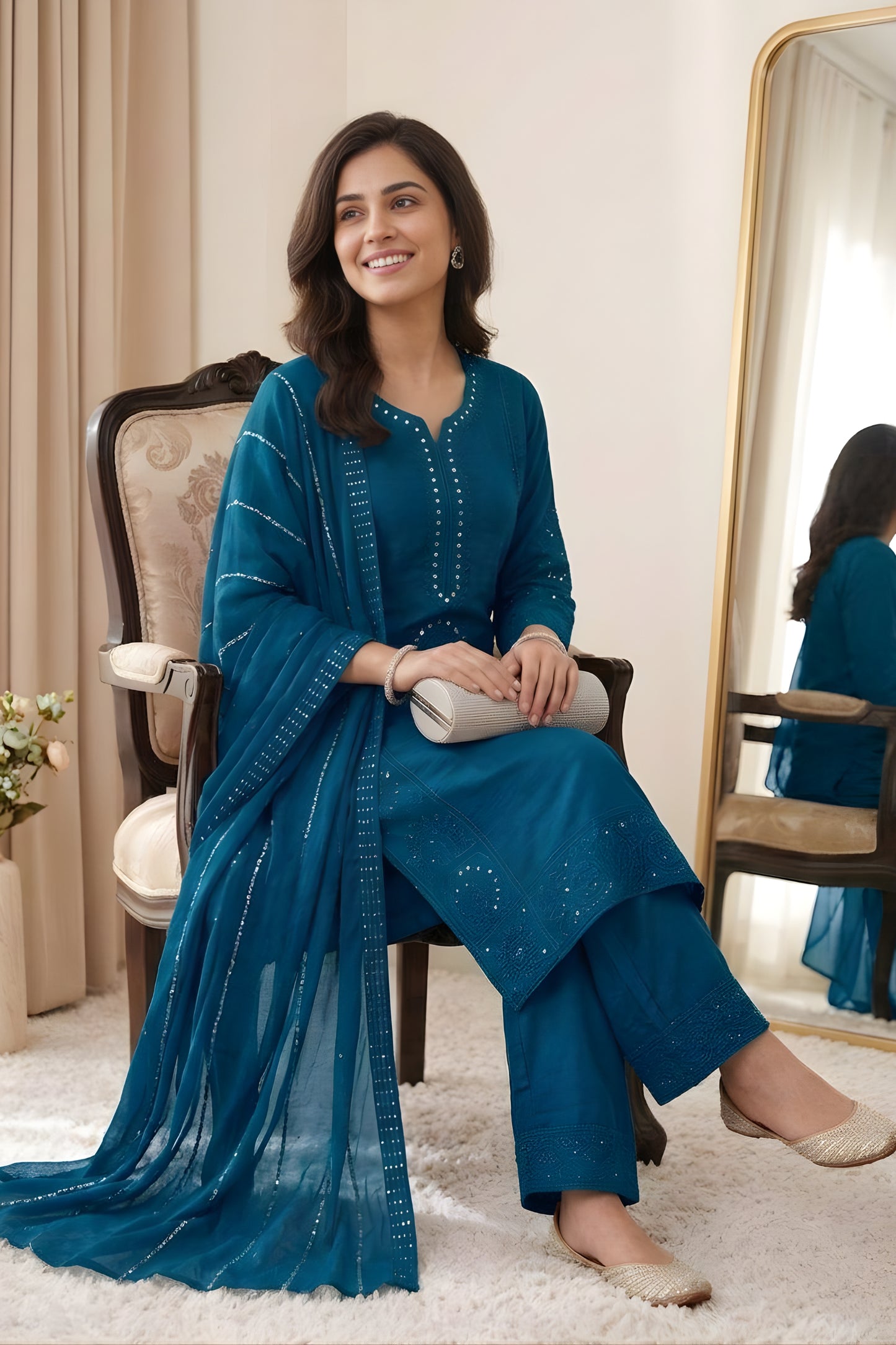 Stunning Teal Blue Chanderi Embroidered Straight Palazzo Suit with Designer Dupatta