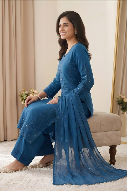 Stunning Teal Blue Chanderi Embroidered Straight Palazzo Suit with Designer Dupatta