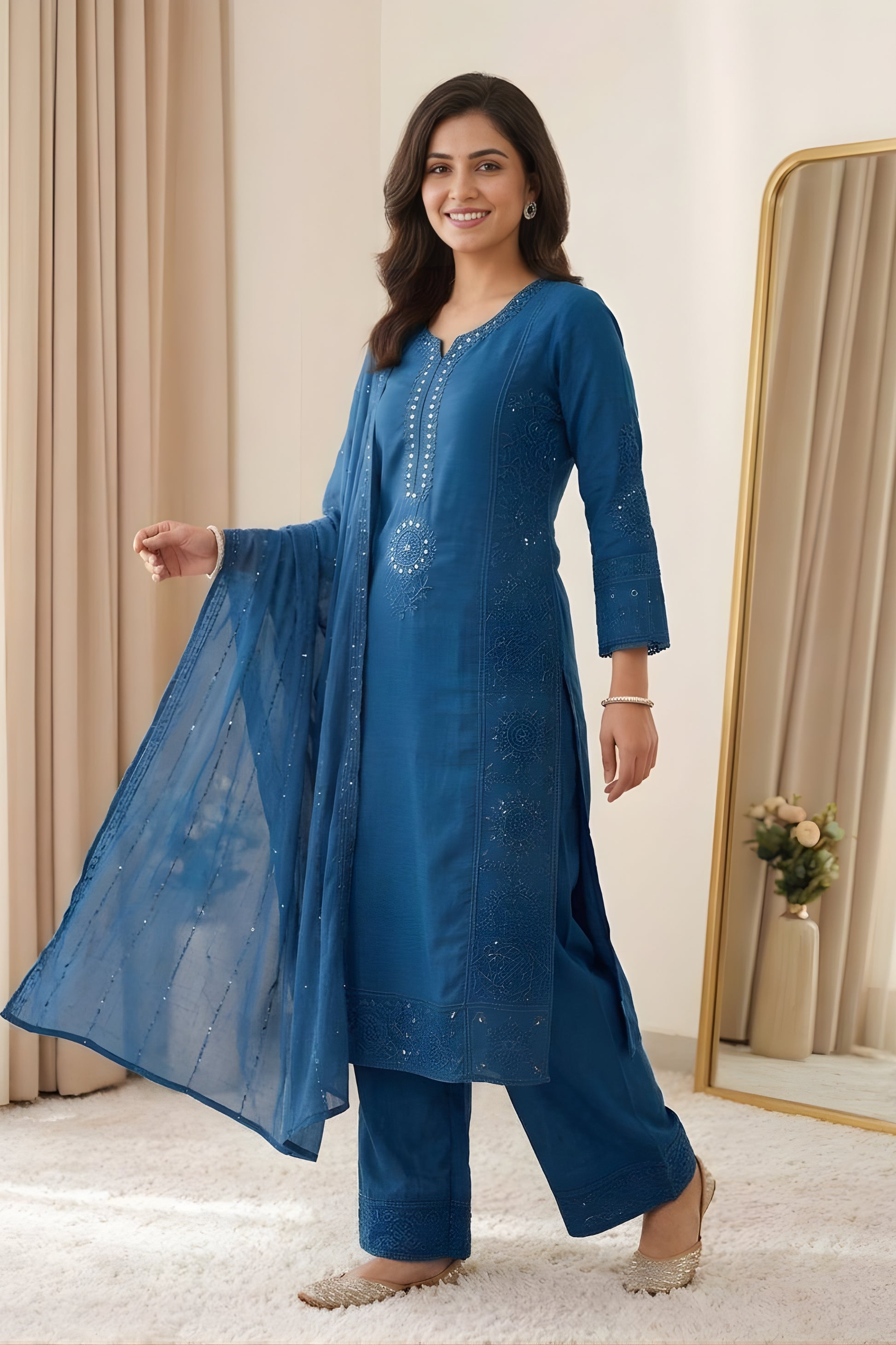 Stunning Teal Blue Chanderi Embroidered Straight Palazzo Suit with Designer Dupatta
