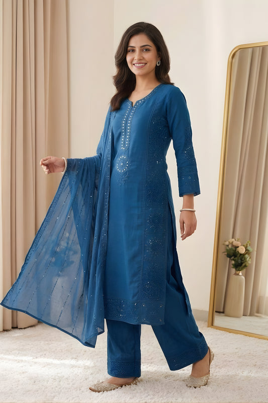 Stunning Teal Blue Chanderi Embroidered Straight Palazzo Suit with Designer Dupatta