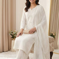 Beautiful White Chanderi Embroidered Straight Palazzo Suit with Designer Dupatta for Women