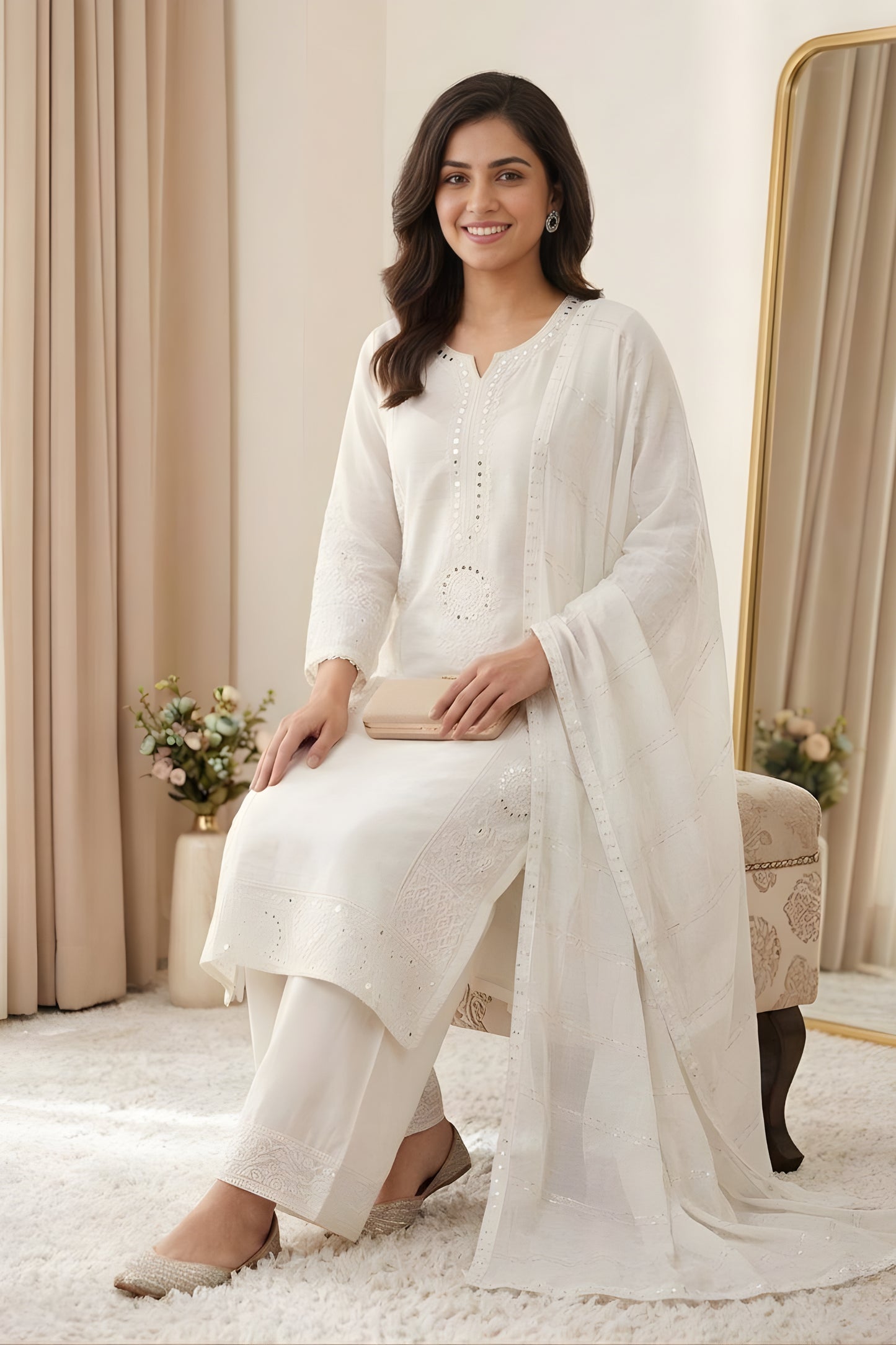 Beautiful White Chanderi Embroidered Straight Palazzo Suit with Designer Dupatta for Women
