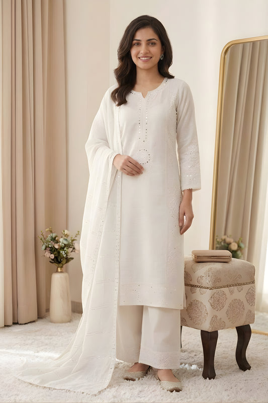 Beautiful White Chanderi Embroidered Straight Palazzo Suit with Designer Dupatta for Women