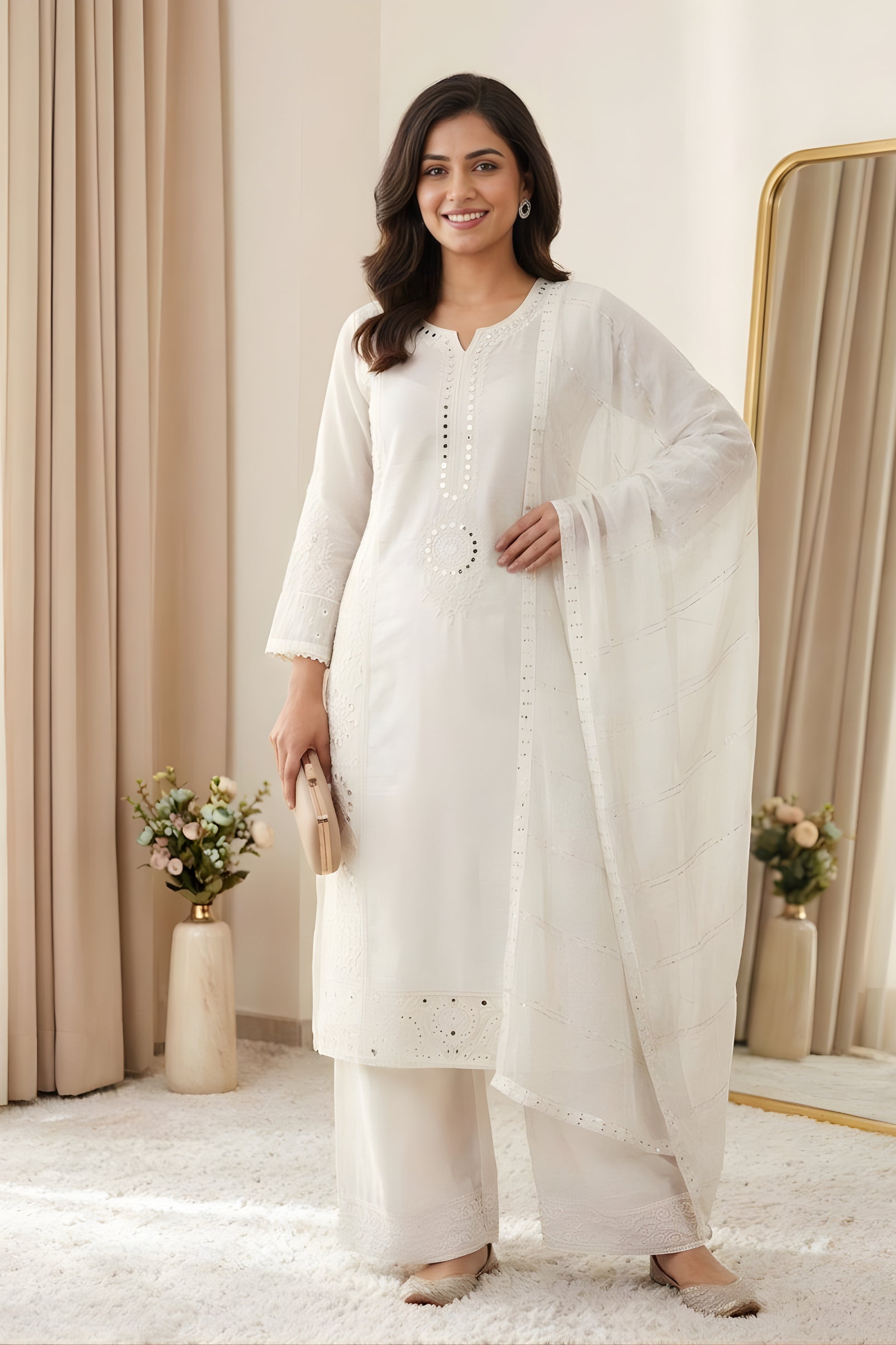 Beautiful White Chanderi Embroidered Straight Palazzo Suit with Designer Dupatta for Women