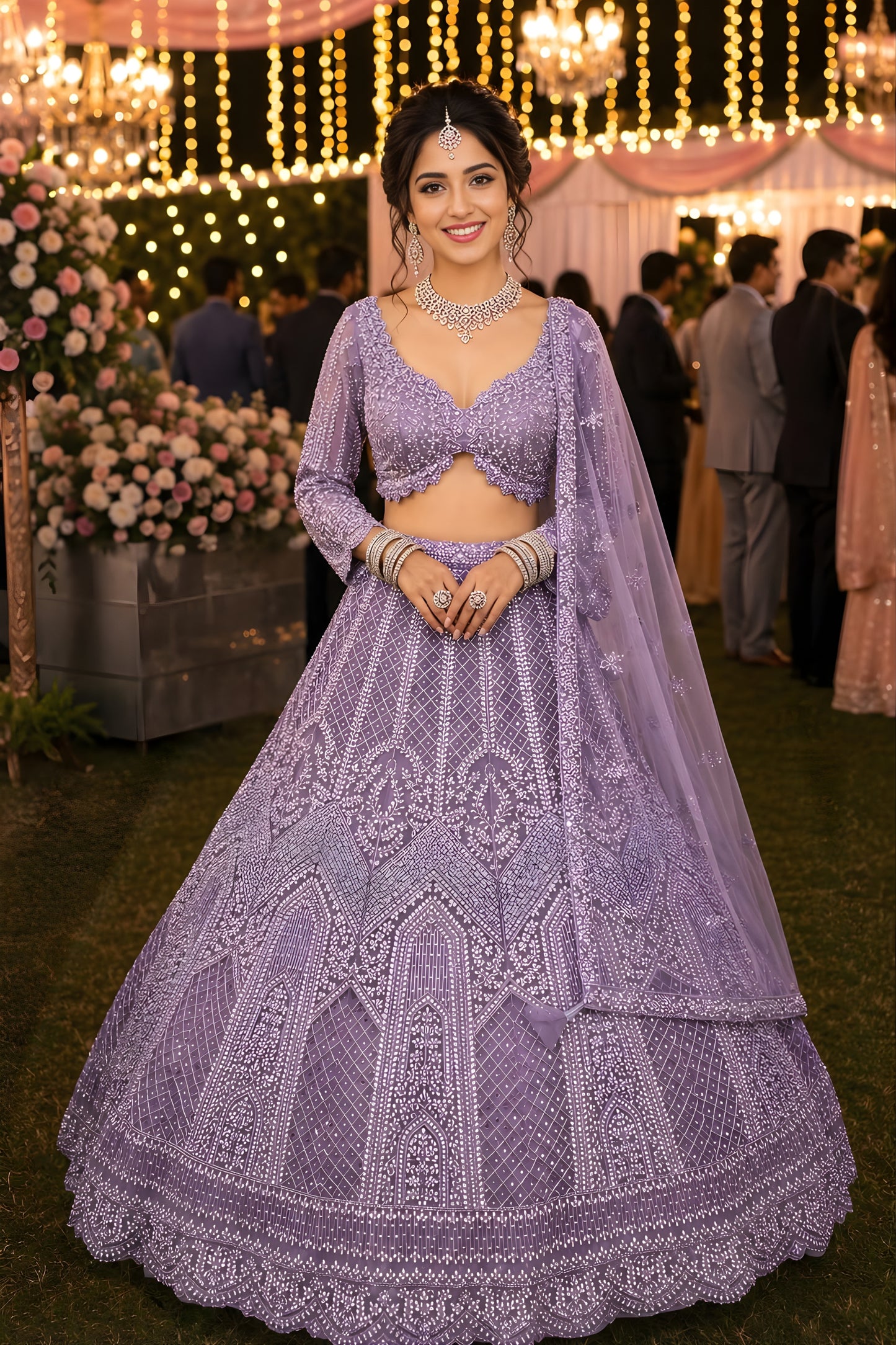 Wonderful Lavender Net Embroidered Bridal Lehenga Choli with Designer Dupatta for Wedding