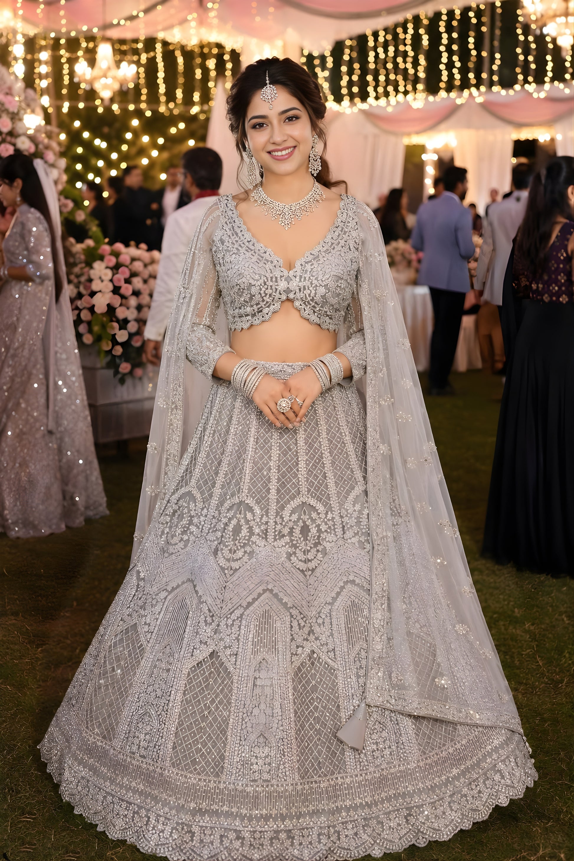 Elegant Grey Net Embroidered Bridal Lehenga Choli with Designer Dupatta for Wedding