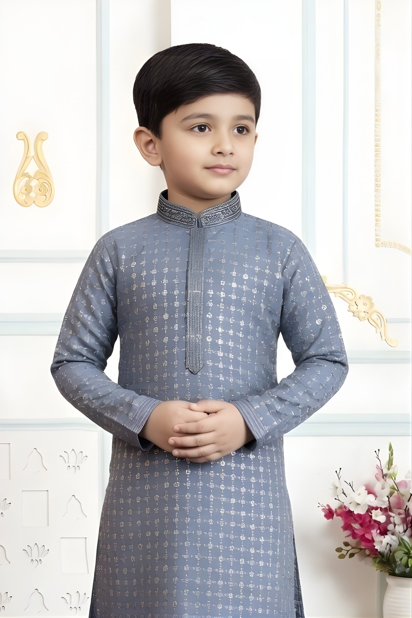 Stunning Grey Art Silk Embroidered Designer Boys Kurta Pyjama Set for Wedding