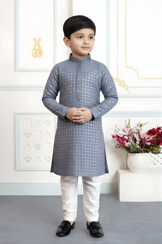 Stunning Off White Art Silk Embroidered Designer Boys Kurta Pyjama Set for Wedding